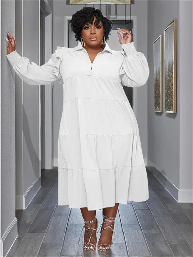 WHITE / L Wmstar Plus Size Women Clothing Dresses Women Petals Long Sleeve Loose Solid Elegant Maxi Shirts Dress Wholesale Dropshipping
