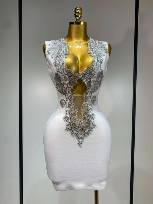 WHITE / L Women 2025 Sexy V Neck Cut Out Short Bandage Dress Silver Sequin White Elegant Luxury Birthday Party Club Wedding Vestidos