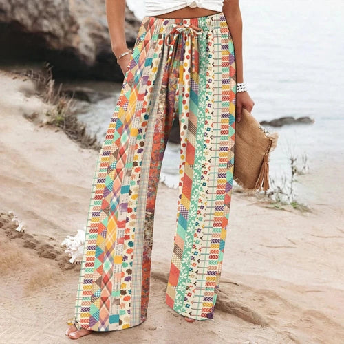 WHITE / L Women's Straight Casual Pants Flower Print Elegant Bohemian Wide Leg Pants Drawstring Design High Waist Beach Pants