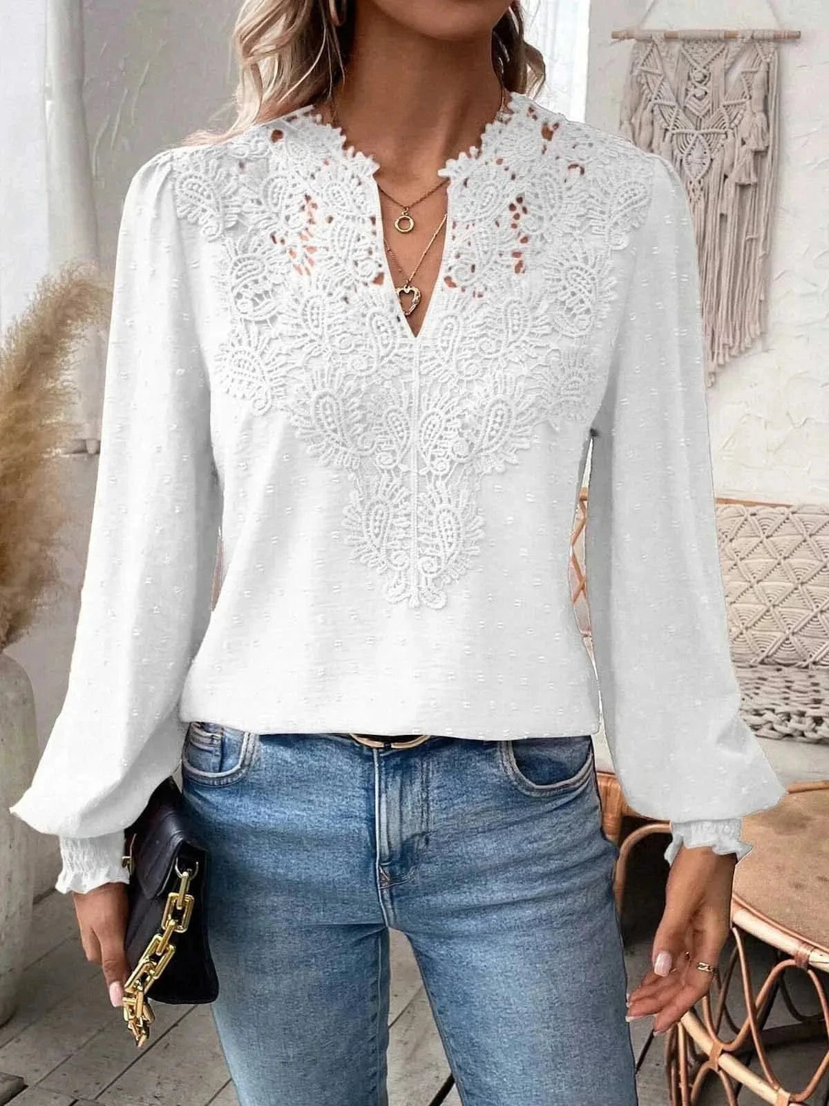 WHITE / L Womens Long Sleeve Sweaters Fall 2024 Trendy Sexy Lace V Neck Puff Sleeve Pullover Sweater Cute Tops