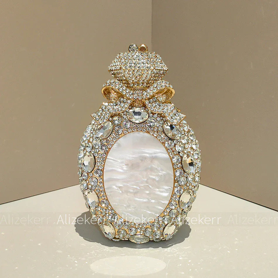White / L11xW5xH17cm Alizekerr Perfume Bottle Crystal Evening Bags Women Gorgeous Boutique Bow Diamond Metal Clutch Purses And Handbags Wedding Party