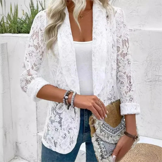 White Lace Hollow Out Women's Suit Coat Solid Open Stitch Blazers Outdoor Formal Business Jackets Lightweight Office Ladies Coat