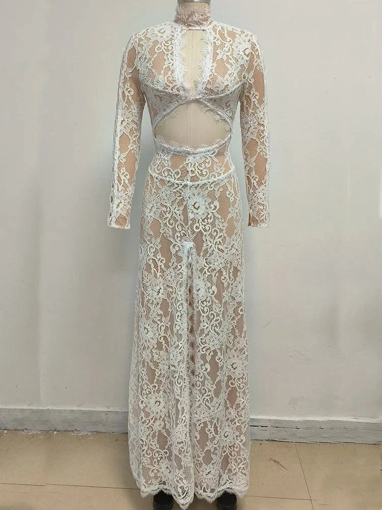 White Lace / M / CHINA Women's Maxi Lace Cut Out Long Dress Sexy Backless High Split Long-Sleeves Deep V-Neck Celebrity Slim Party Wedding Morning Gown
