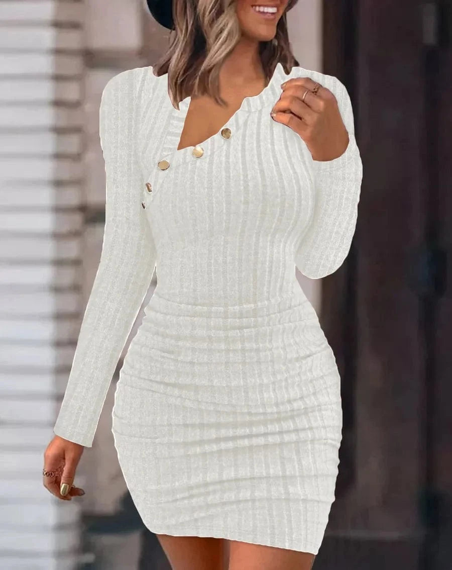 WHITE / M Button Crewneck Bodycon Dresses for Women Solid Color Ribbed Mini Wrap Dress Slim Fit Ruched Knitted Sweaters Dress