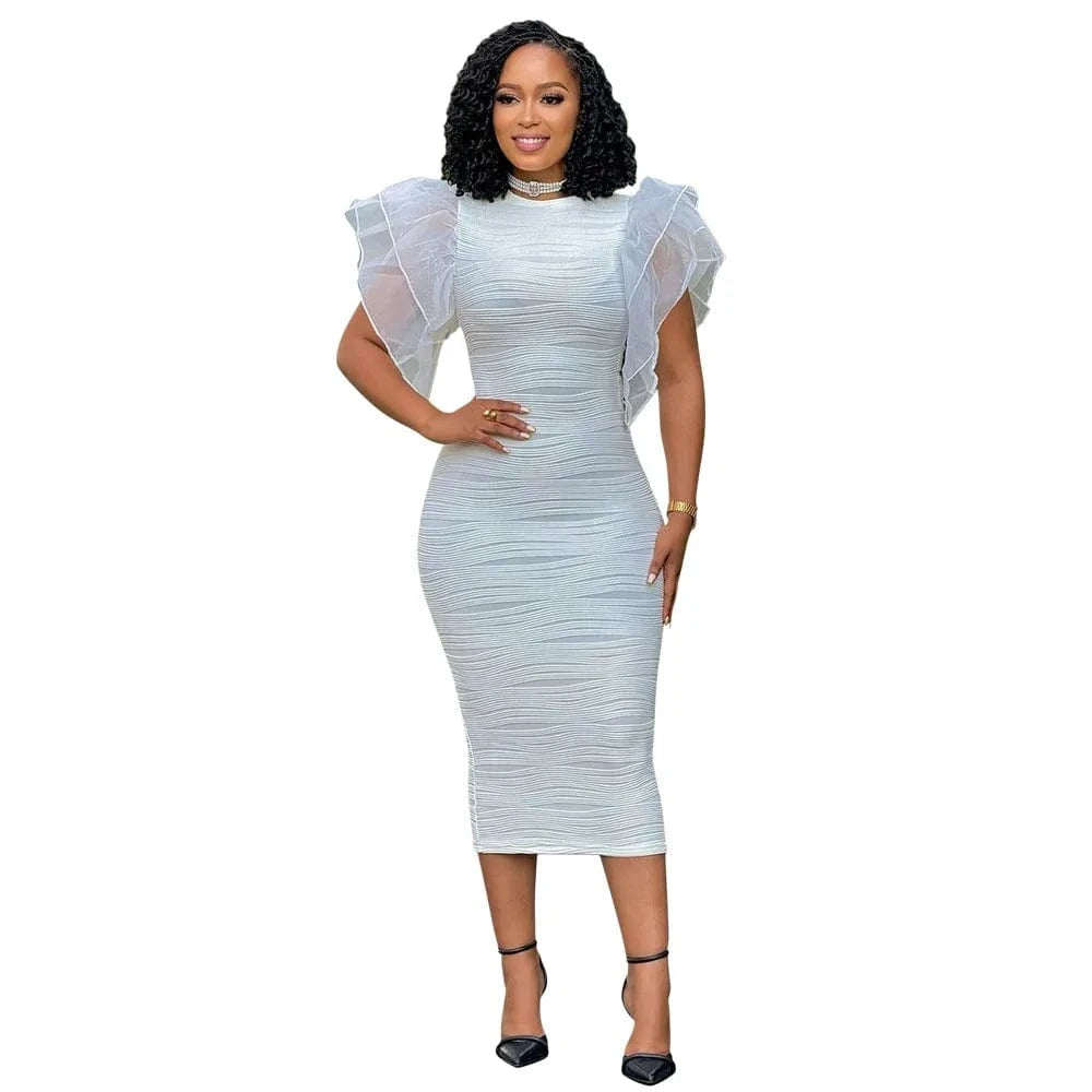 White / M CM.YAYA Women Ruffles Short Sleeve O-neck Striped Knee Length Dress Street Vestidos Sexy Night Club Party Evening Chic Dresses