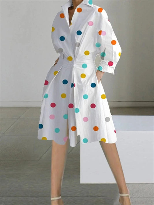 WHITE / M Printed Dresses Women Autumn V-neck Long Sleeved Shirts Fashions Office Lady Pockets Commute Dress 2023 New Robe Vestidos Femme