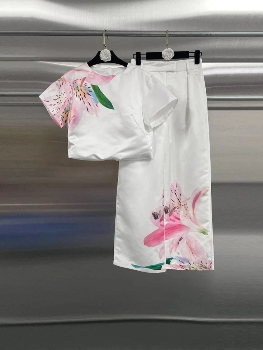 WHITE / M VGH Casual Printed Two Piece Set Fot Women O Neck Short Sleeve Top High Waist Slimming Flare Trousers Fashionable Suit Female
