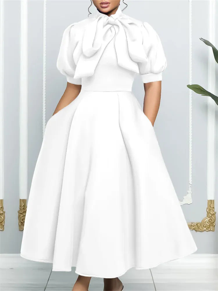 WHITE / M Wmstar Plus Size Dresses for Women Elegant Fashion Office Lady with Bow Maxi Dress New in Summer Clothes Wholesale Dropshipping