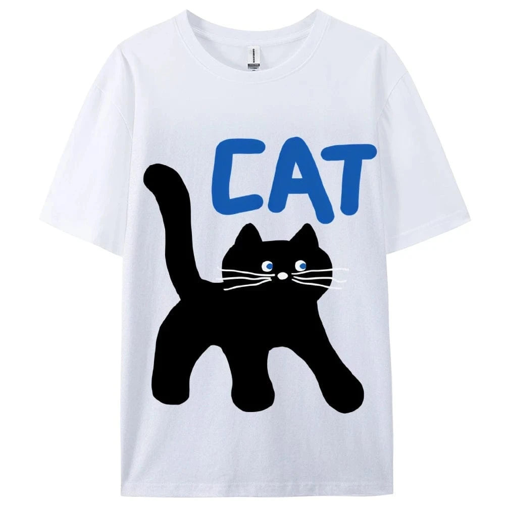 WHITE / M Women's Basic Crew Neck Tee Trendy Y2K Women's Short Sleeve Cartoon Cat Print Cute Aesthetic Cotton Casual T-Shirt