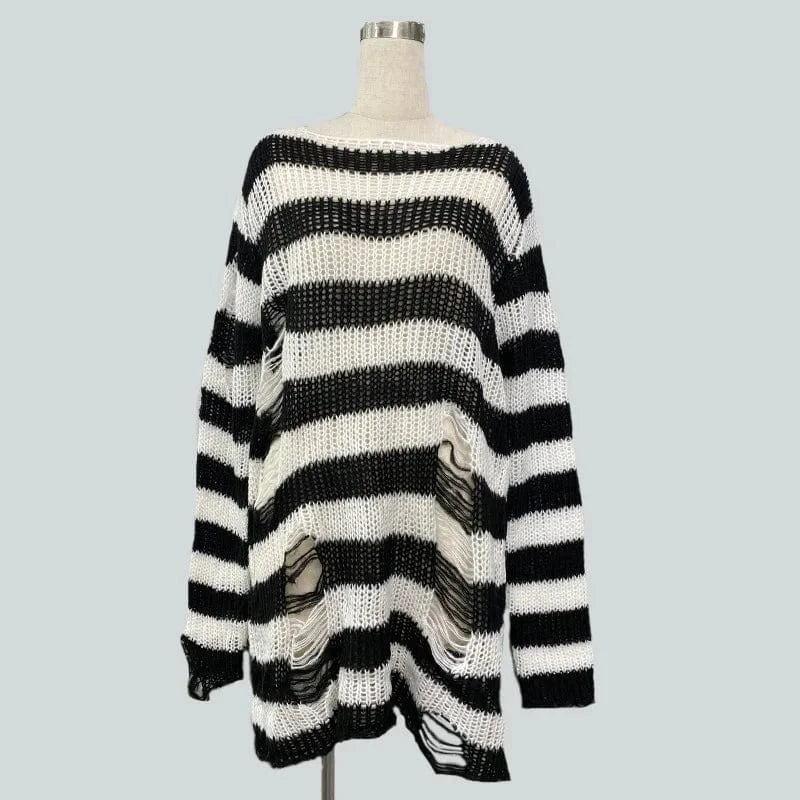 White / One Size 90s Goth Punk Women Street Fashion Stripe Loose Gothic Knitted Ripped Distressed Design Jumper Oversized Pullovers Top Sweater