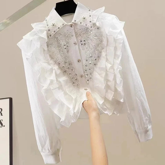 WHITE / One Size New   Autumn Beaded Lace Embroidery Stitch Short Shirts For Women Long Sleeve Buttons Up Blouses Fashion Black White Top