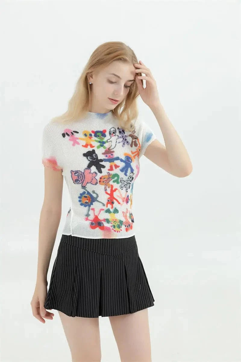 White / One Size Women's T-shirt Harajuku Korean Y2k Graphic Print Short Sleeve Tee Top Clothes Fashion Vintage Streetwear O-Neck T-shirts Summer