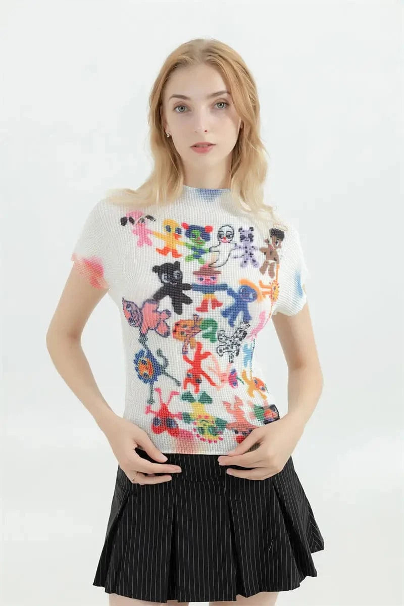 White / One Size Women's T-shirt Harajuku Korean Y2k Graphic Print Short Sleeve Tee Top Clothes Fashion Vintage Streetwear O-Neck T-shirts Summer