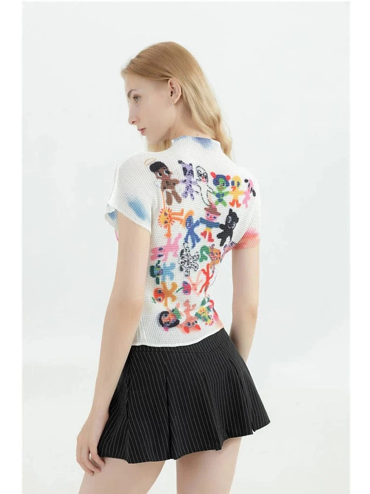 White / One Size Women's T-shirt Harajuku Korean Y2k Graphic Print Short Sleeve Tee Top Clothes Fashion Vintage Streetwear O-Neck T-shirts Summer