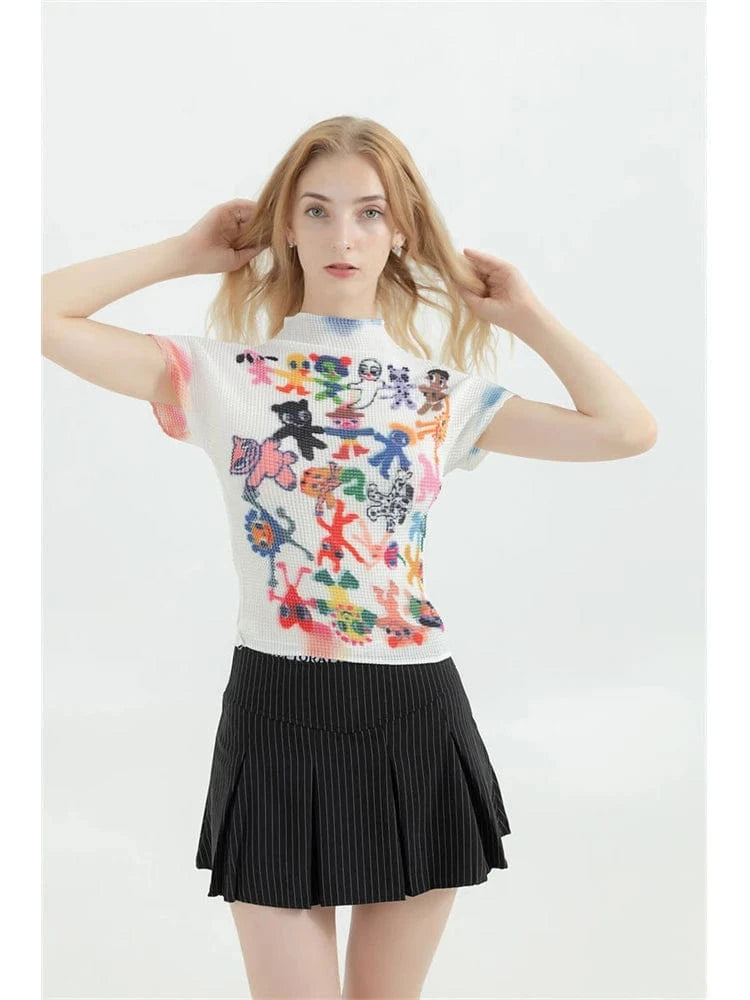 White / One Size Women's T-shirt Harajuku Korean Y2k Graphic Print Short Sleeve Tee Top Clothes Fashion Vintage Streetwear O-Neck T-shirts Summer