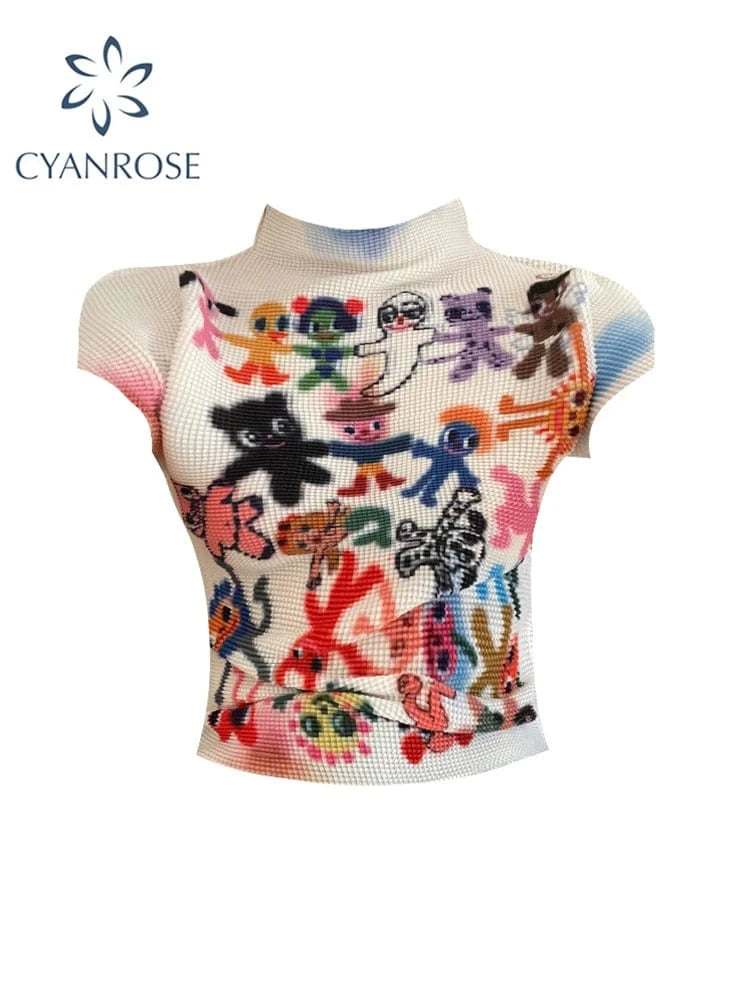 White / One Size Women's T-shirt Harajuku Korean Y2k Graphic Print Short Sleeve Tee Top Clothes Fashion Vintage Streetwear O-Neck T-shirts Summer