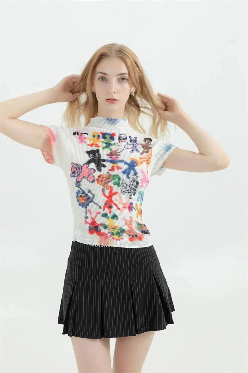 White / One Size Women's T-shirt Harajuku Korean Y2k Graphic Print Short Sleeve Tee Top Clothes Fashion Vintage Streetwear O-Neck T-shirts Summer