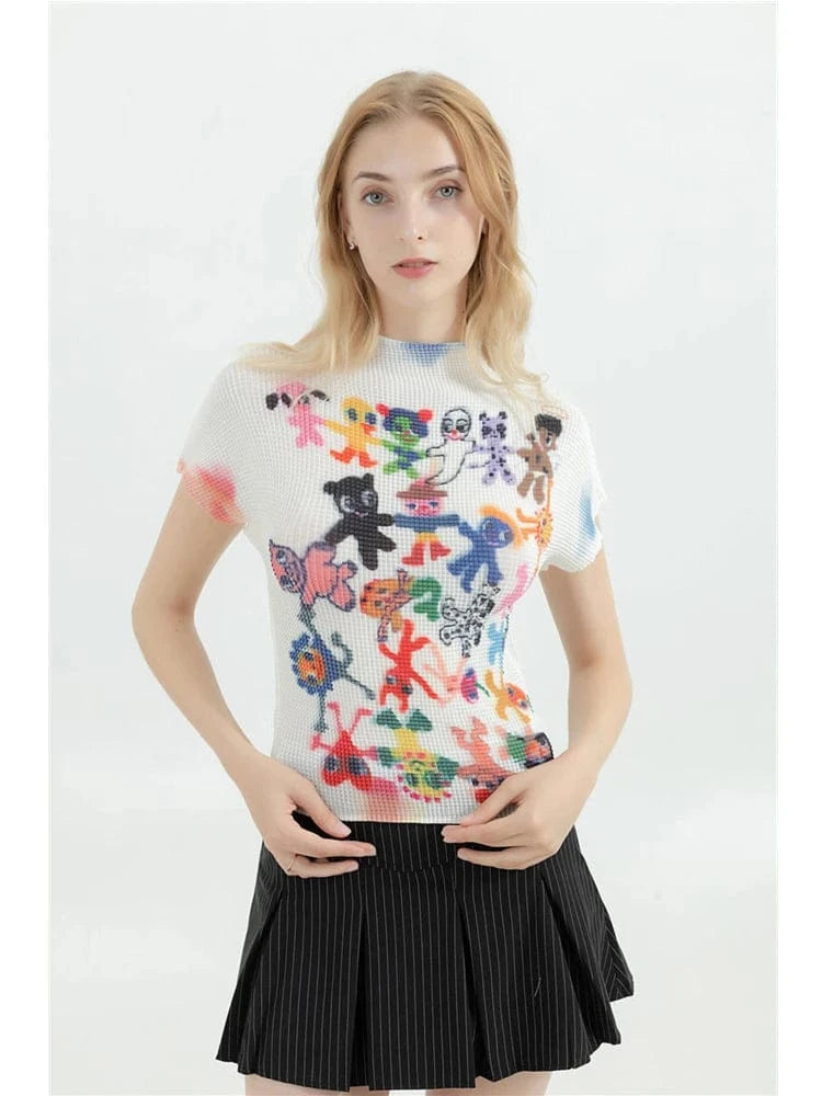 White / One Size Women's T-shirt Harajuku Korean Y2k Graphic Print Short Sleeve Tee Top Clothes Fashion Vintage Streetwear O-Neck T-shirts Summer