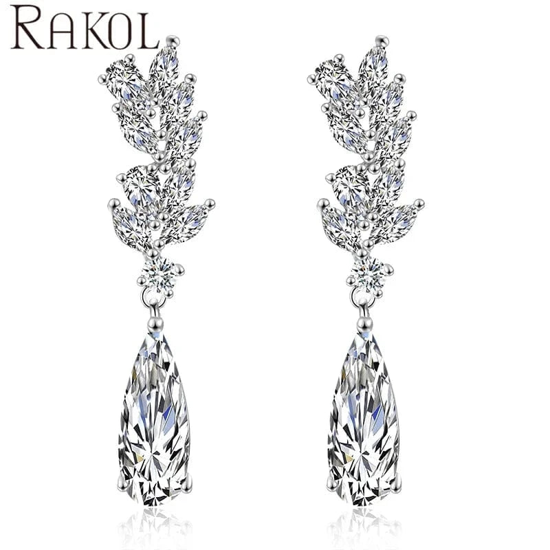 White RAKOL EP050L Women Fine Jewelry Teardrop Dangle Earrings 925 Sterling Silver Earrings Crystal  Wedding Bridal Earrings Jewelry