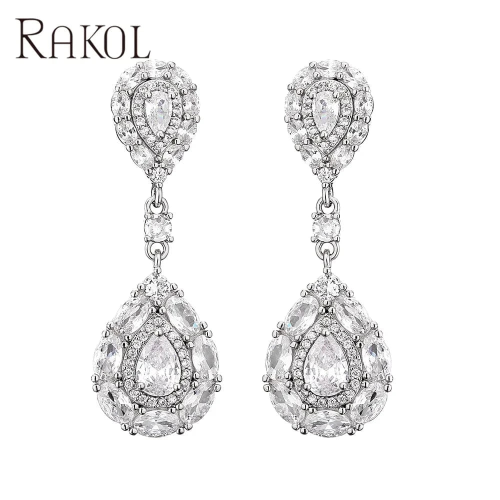 White RAKOL EP1017 Fine Jewelry New Design Earrings  925 Silver Crystal Dangle Earrings Wedding Bridal Diamond Jewelry Earrings Women