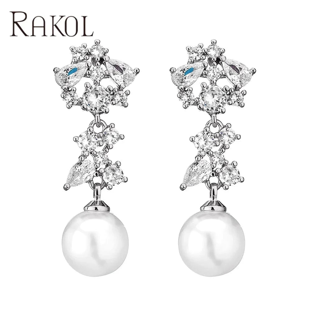 White RAKOL EP1067 2022 ladies wedding freshwater pearl long drop earrings gold plated zircon crystal party bridal earrings