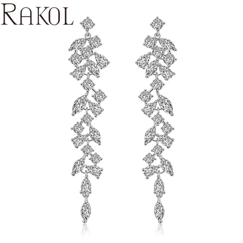 White RAKOL EP2232 Luxury Long Drop 18k Gold Plated Cubic Zirconia CZ Wedding Bridal Earrings Jewelry For Women 2023