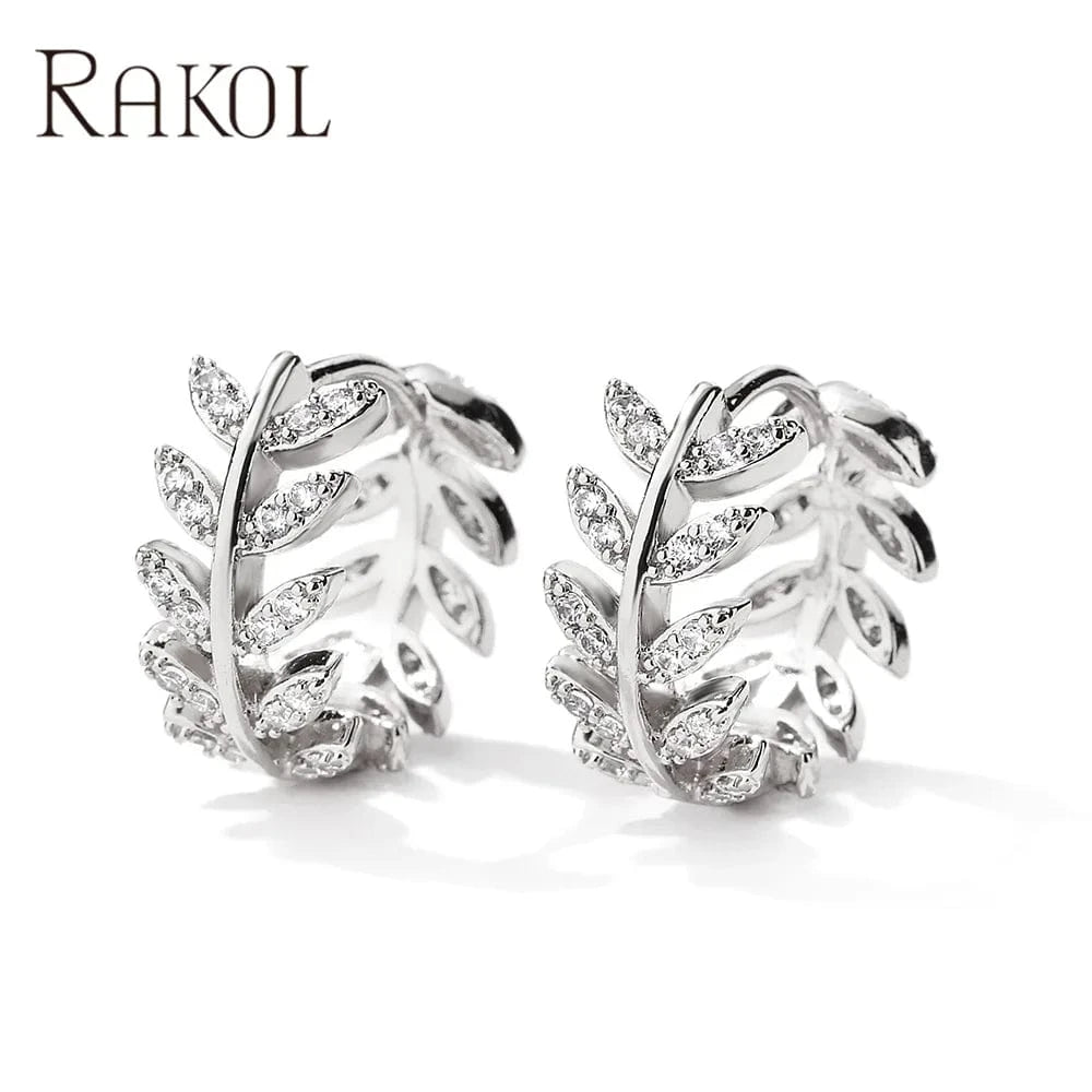 White RAKOL EP2418 Wholesale Fashion Jewelry Hoop Earrings Leaf Shaped Cubic Zircon Hoop Earrings Fine Designer Party Wedding Earrings