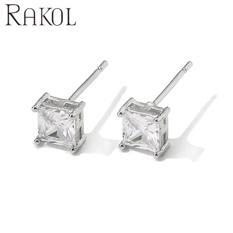 White RAKOL EP2547 Trendy Women Simple Cubic Zirconia Druzy 925 silver stud earring square diamond crystal stud earrings jewelry