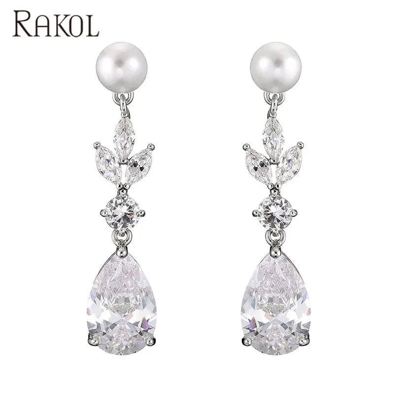 White RAKOL EP2724 luxury women's long dangle cubic zirconia pearl studs earrings jewelry women gold plated earrings 18k
