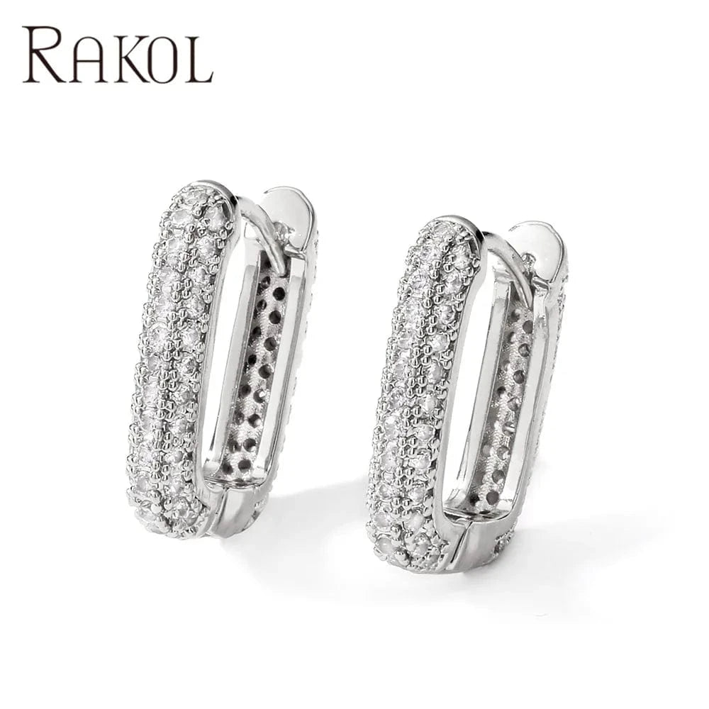 White RAKOL EP2987 high quality good rhinestone fashion trendy korea hoop earrings women u-shaped minimalist huge earrings jewelry