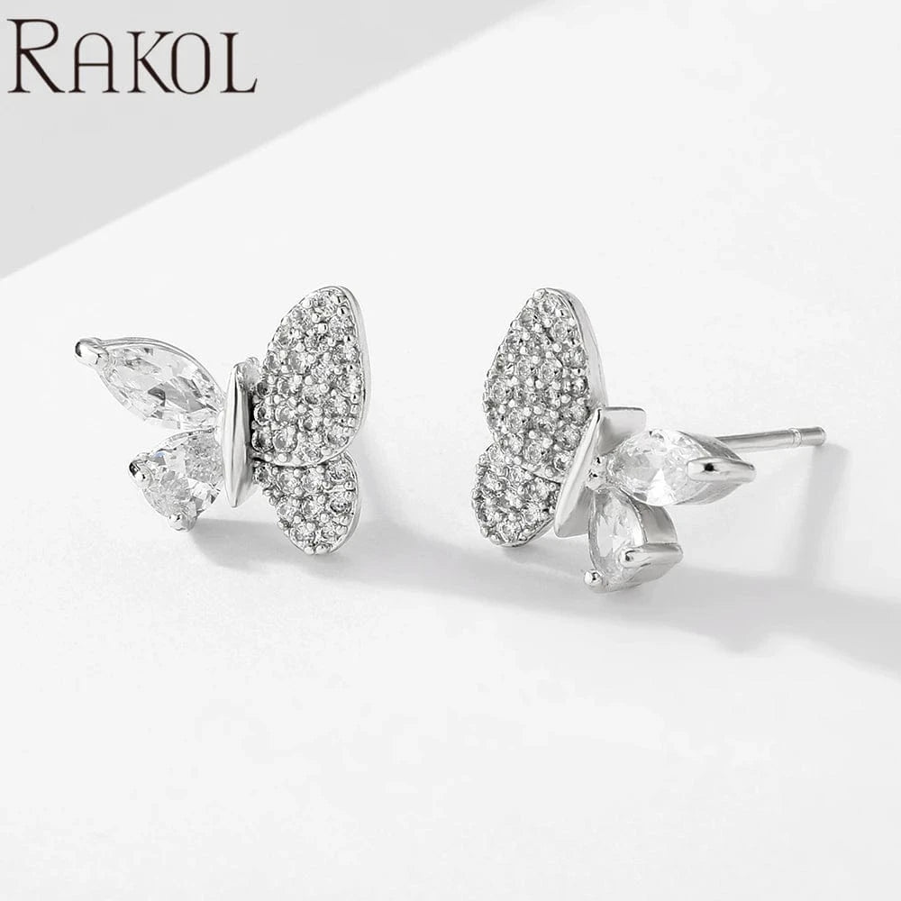 White RAKOL EP5156 Korean Trendy Delicate Cute Butterfly shape Crystal Fine Jewelry Stud Earrings Earings Women Free Shipping