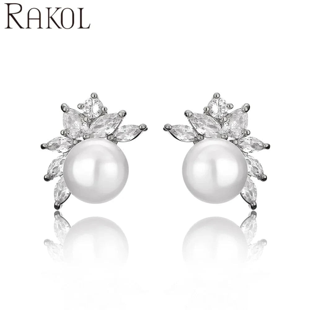 White RAKOL EP5340 2022 Hot Sales New Designer Pearl Earrings Cubic Zirconia Bridal Stud Earrings Women 925 Sliver Earrings Jewelry