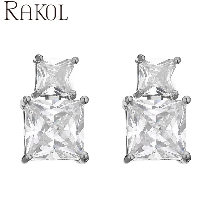 White RAKOL EP5456 women wholesale new fashion square diamond jewelry tiny size silver blue green zircon crystal stud dating earrings