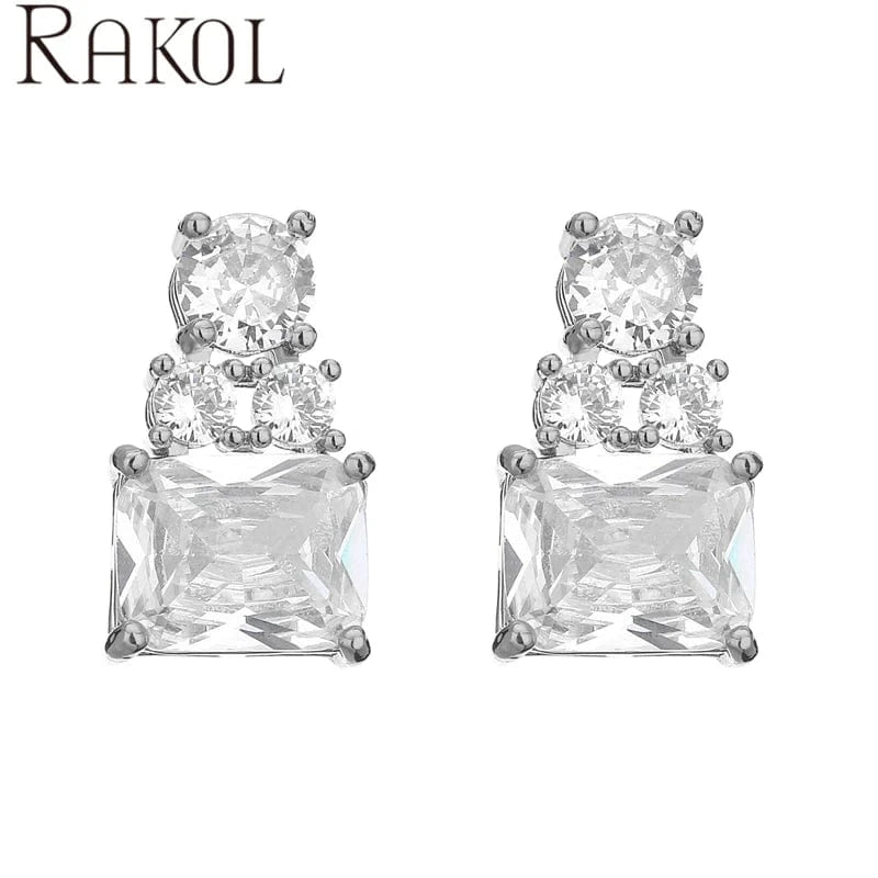 White RAKOL EP5460 newest fashion shining square colorful crystal handmade 18k gold plated copper stud earring for lady