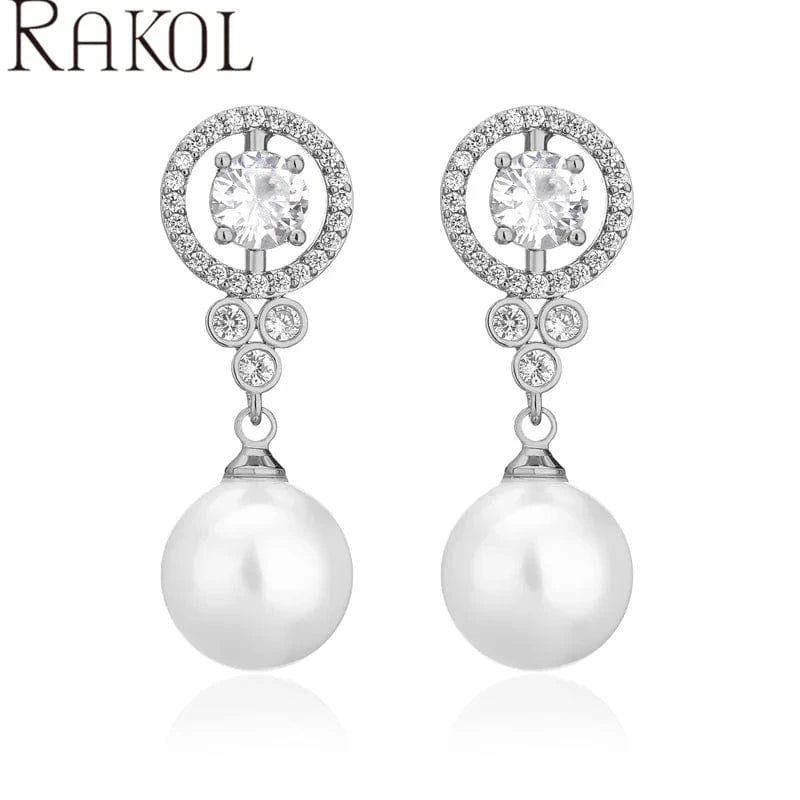 White RAKOL EP5528 charming cubic zircon fashion jewelry freshwater pearl silver 18k real gold plated custom women dangle earrings