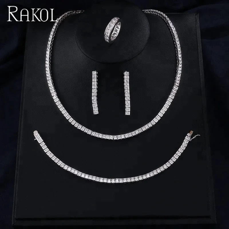 White RAKOL SP247 Wholesale Four Jewelry Set Simple Style Full Zircon Diamond Thin Necklace Set
