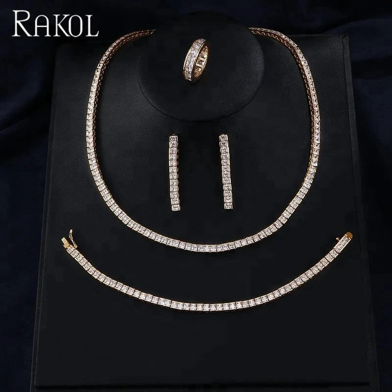White RAKOL SP247 Wholesale Four Jewelry Set Simple Style Full Zircon Diamond Thin Necklace Set