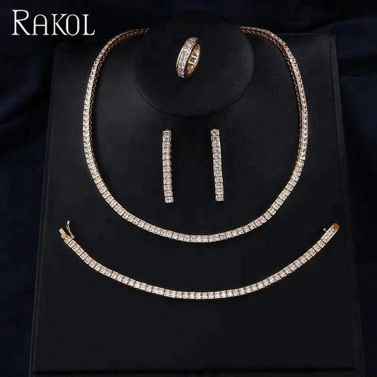 White RAKOL SP247 Wholesale Four Jewelry Set Simple Style Full Zircon Diamond Thin Necklace Set