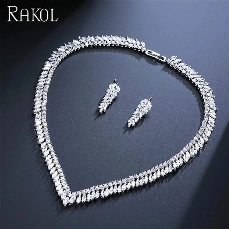 white RAKOL SP258 Cute Girl Decoration Full CZ Crystal zircon Wheat Leaf Shape Earring Necklace Jewelry Set