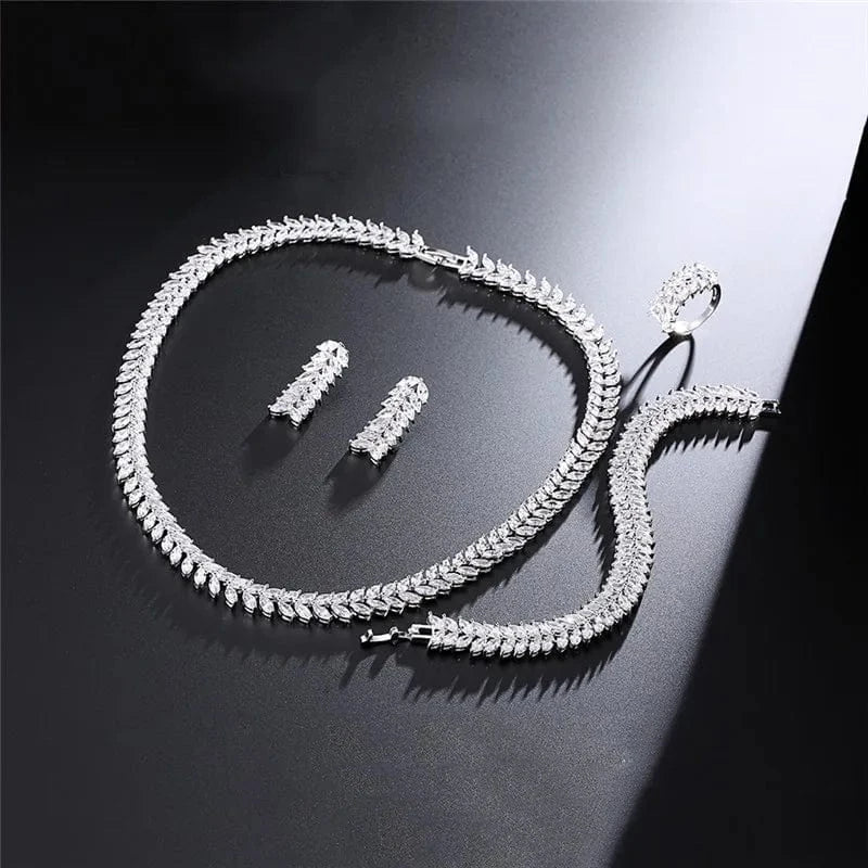 White RAKOL SP289 Charm American Silver/Gold/Rose Gold Wheat Leaf CZ Zircon Necklace Four Piece Jewelry Set