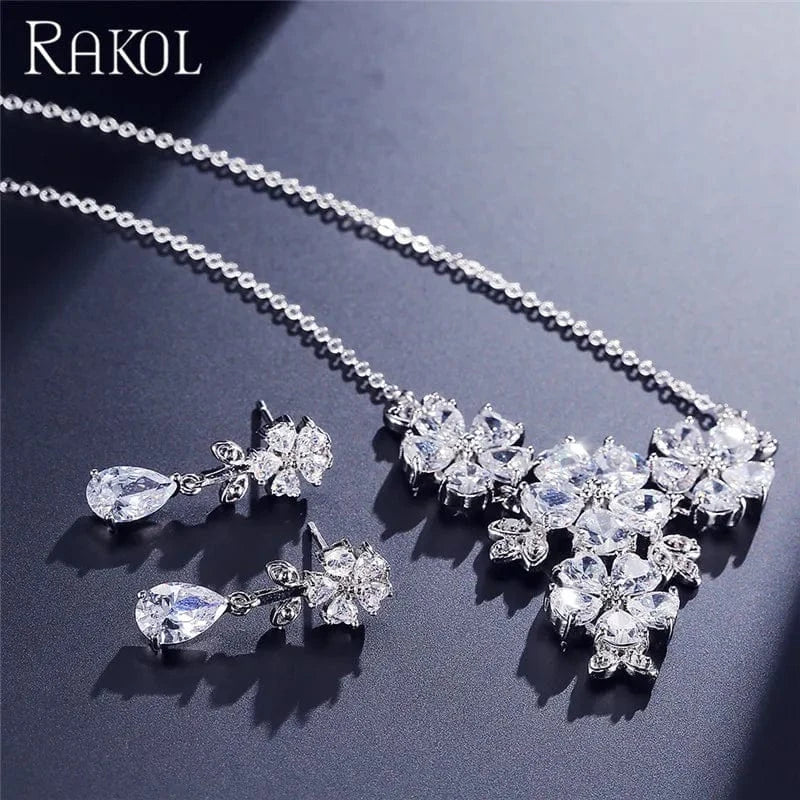 White RAKOL SP310 New Bridal Wedding Jewelry Sparkling Flower CZ Zircon Necklace Dangle Earrings Set