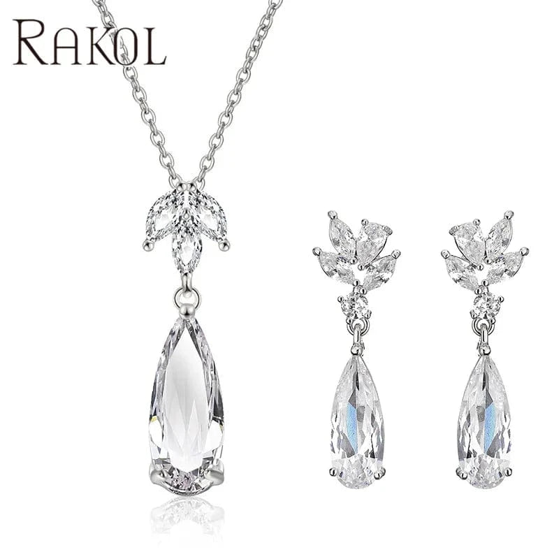 White RAKOL SP3169 2022 Summer New Design Bridal Fine Jewelry Set Tear Drop Crystal  Earrings 14k Gold Chain Necklace And Earring Set