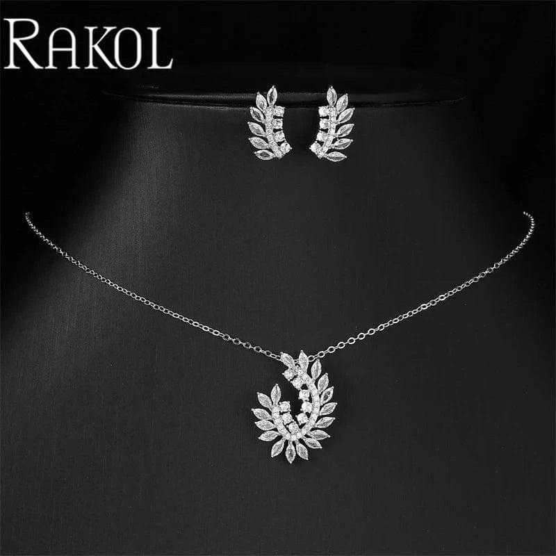 White RAKOL SP3517 Fashion 18k Gold Plated Wedding Pendant Bridal Flower Leaf Design Necklace Earrings Jewelry Sets For Women