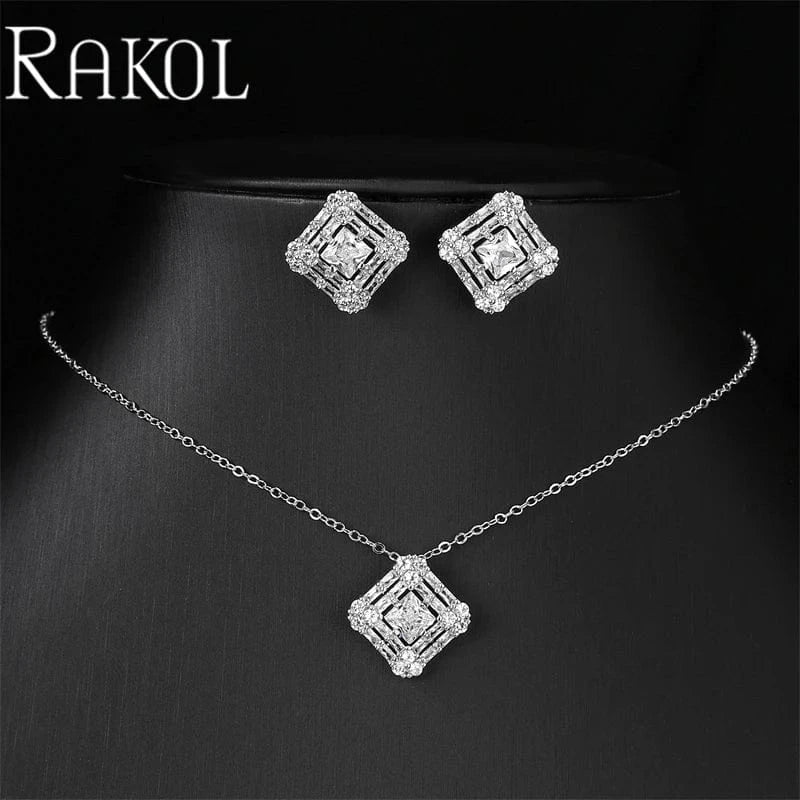 White RAKOL SP3521 Hot Selling Fine Sterling Silver Necklace Earrings Jewelry Sets Bridal Diamond Zirconia Wedding Jewelry Sets