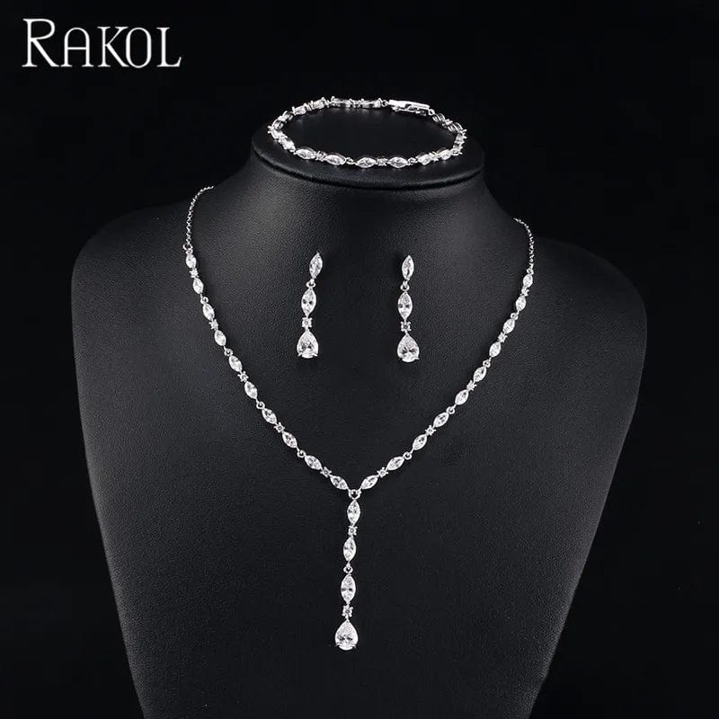 White RAKOL SP412 simple style beautiful leaf&teardrop zircon dangle long earrings necklace bracelet set