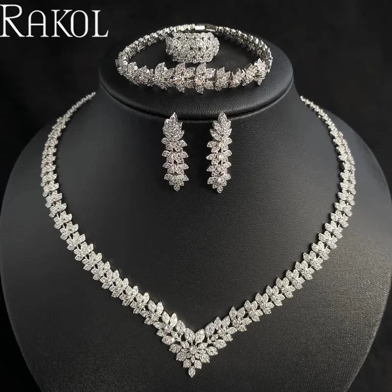 White RAKOL WSP04 Luxury Crystal Zircon Dubai Bridal Wedding Jewelry Sets Flower Leaf Necklace Earrings Bracelet Ring Jewelry Sets