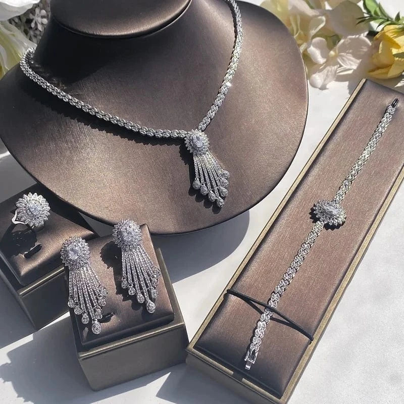 White RAKOL WSP05 Luxury 4 Pcs Tassel Drop Micro Insert Cubic Zircon Dubai Women Party Costume Jewelry Sets For Brides Wedding