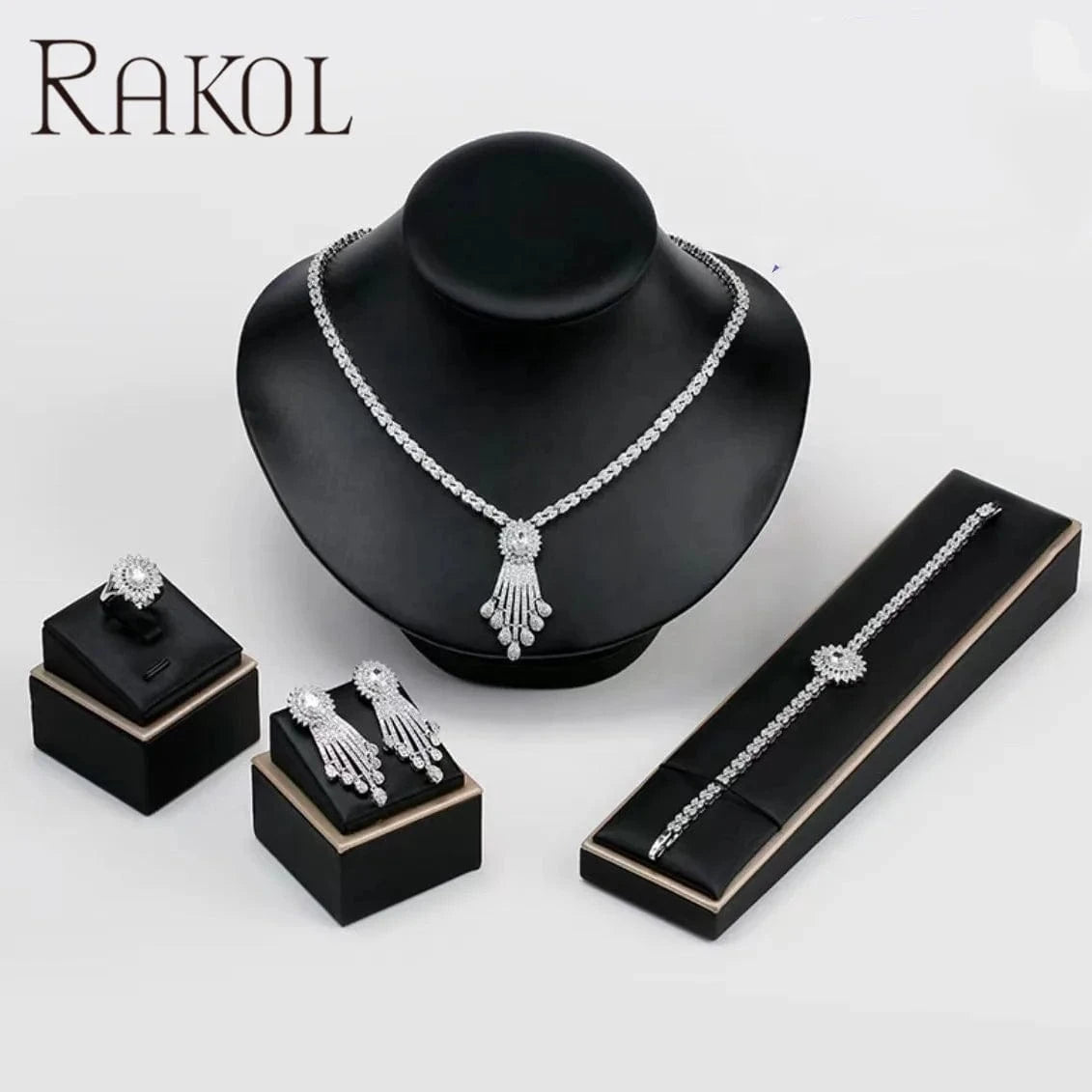 White RAKOL WSP05 Luxury 4 Pcs Tassel Drop Micro Insert Cubic Zircon Dubai Women Party Costume Jewelry Sets For Brides Wedding