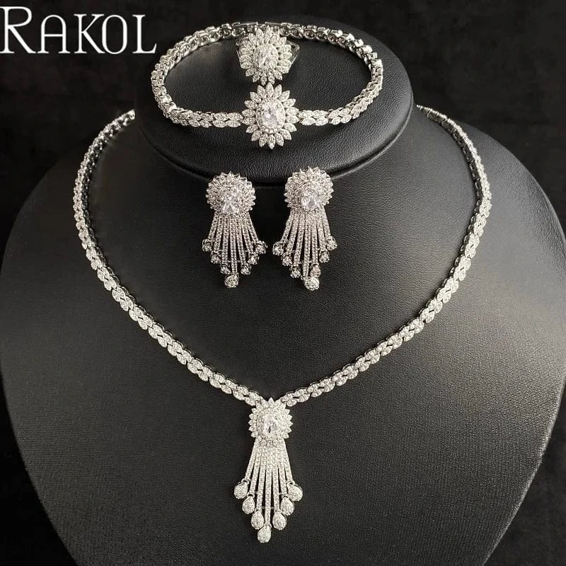 White RAKOL WSP05 Luxury 4 Pcs Tassel Drop Micro Insert Cubic Zircon Dubai Women Party Costume Jewelry Sets For Brides Wedding