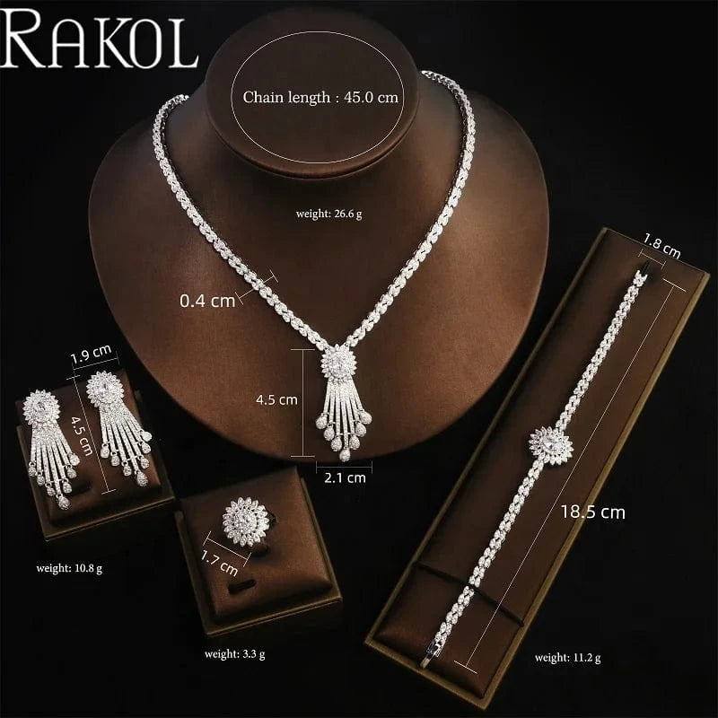 White RAKOL WSP05 Luxury 4 Pcs Tassel Drop Micro Insert Cubic Zircon Dubai Women Party Costume Jewelry Sets For Brides Wedding